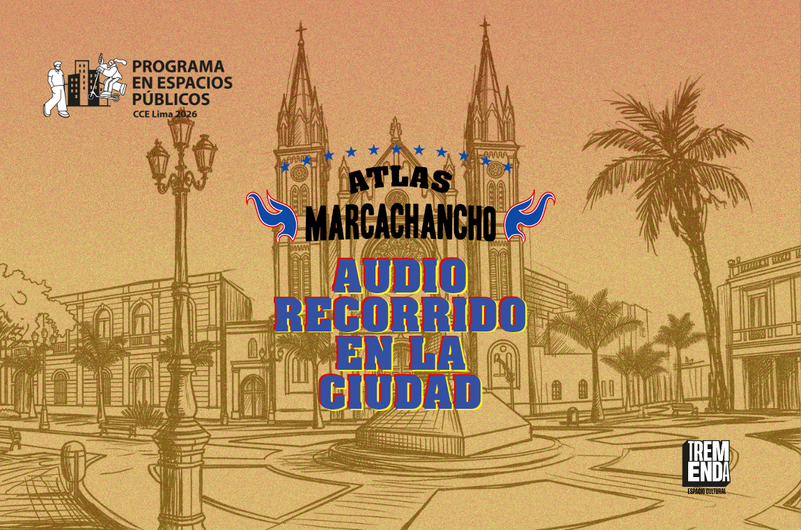 Dibujo que muestra la plaza Francia del Centro de Lima con su iglesia en medio. En la parte central se lee ATLAS MARCACHANCHO AUDIO RECORRIDO EN ...